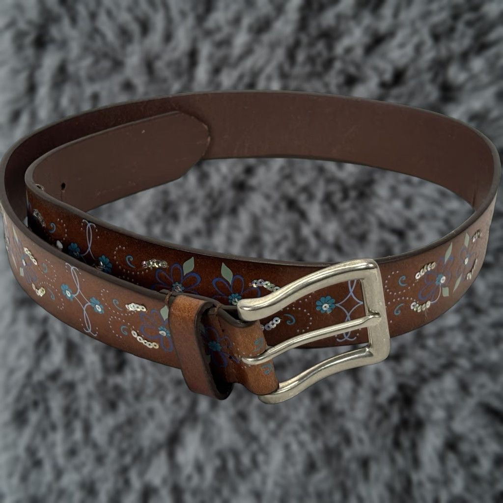 Vintage VINTAGE Aéropostale Leather Belt Women’s Small Brown Floral Sequins 1.5” Y2K Size ONE SIZE - 1 Thumbnail