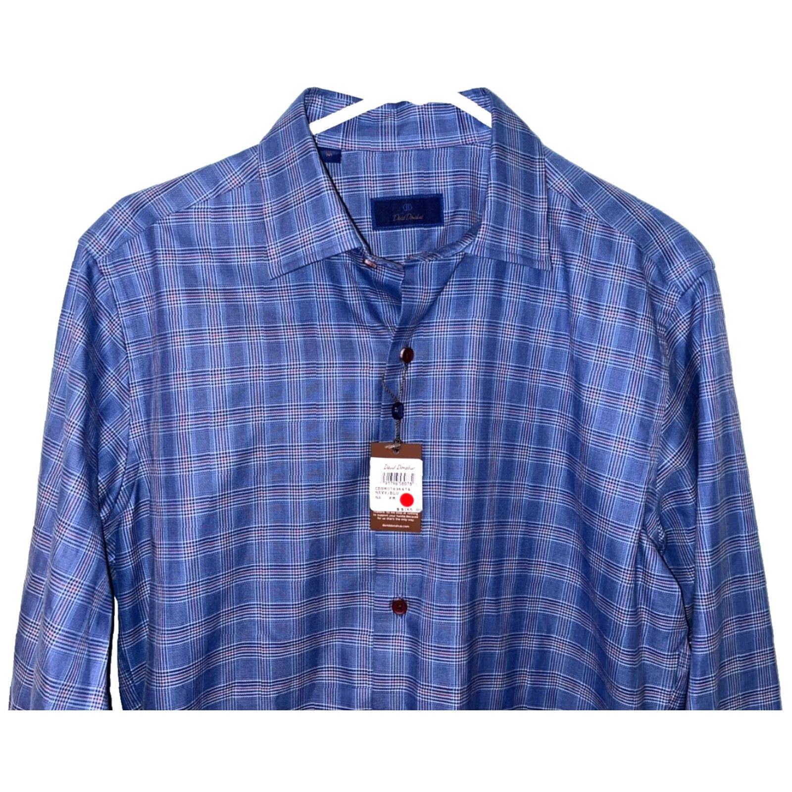 David Donahue David Donahue Dobby Fine Check Dress Shirt Navy Blue M Mens Button-Up Collar Shirt Multicolor Twill Long Sleeve Regular Fit Size 40R - 2 Thumbnail