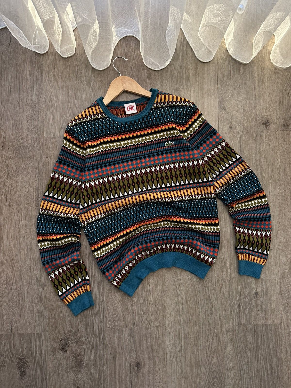 image of Lacoste Live Aztec Retro Navy Big Logo Sweater, Men's (Size Medium)
