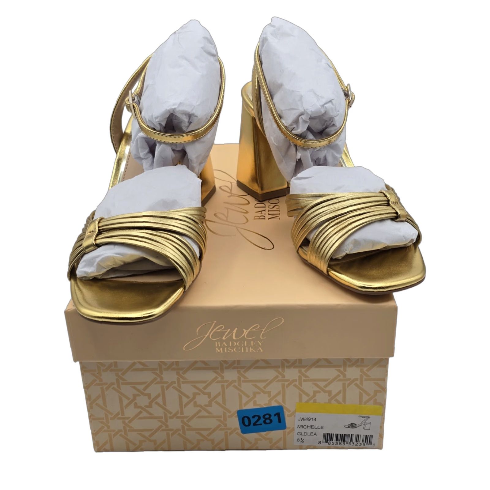 Jewel Badgley Mischka Michelle Metallic Strappy Block Heels Gold 6.5 M