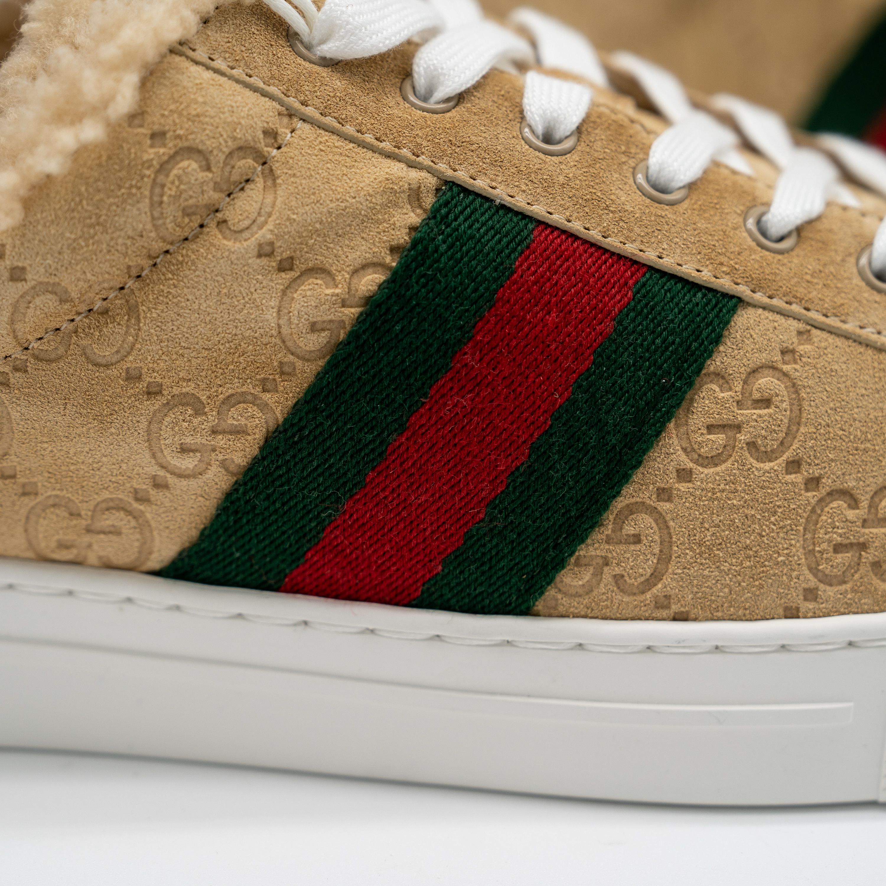 Gucci 9.5 US Gucci Ace GG Brown Mutton Fur Shearling Web Sneakers Size US 9.5 / IT 39.5 - 9 Thumbnail