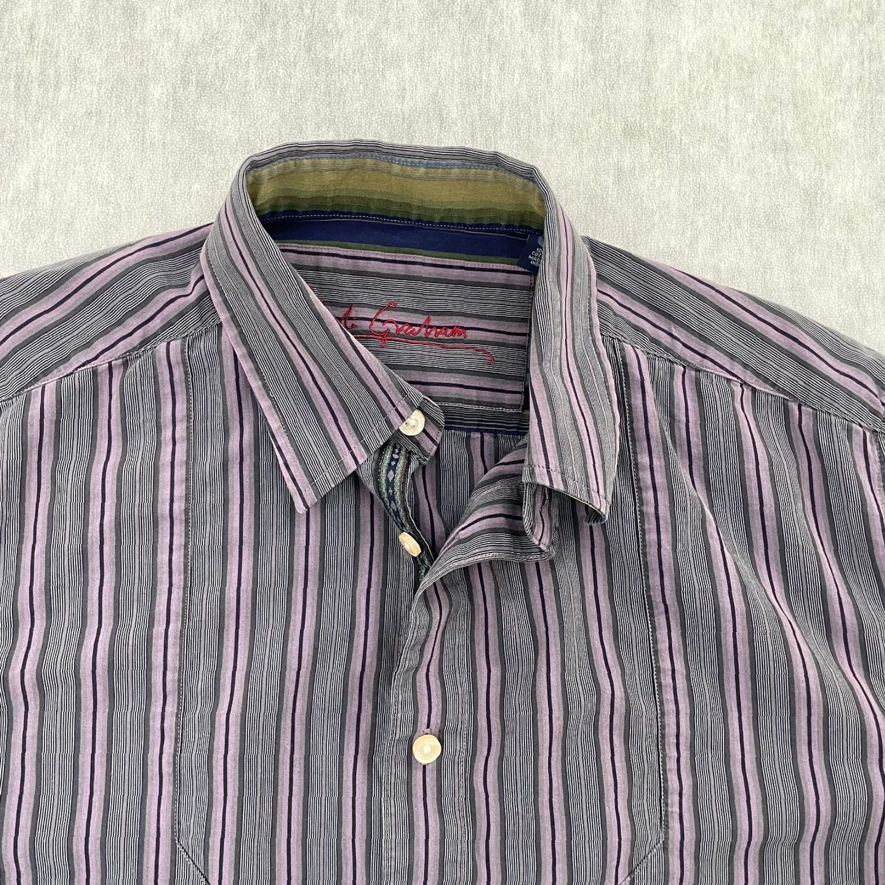Robert Graham ROBERT GRAHAM Striped Button-Up Shirt Adult Large Purple Gray Long Sleeve Mens Size US L / EU 52-54 / 3 - 3 Thumbnail