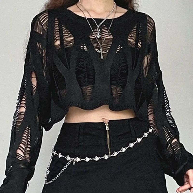 Vintage Hollow Out Y2K T-Shirts Batwing Sleeve Knitted Top Size ONE SIZE - 5 Thumbnail