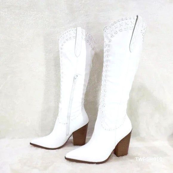 Other White Matte Western Knee High Cowgirl Boots Weave Design Size US 11 / IT 41 - 1 Thumbnail