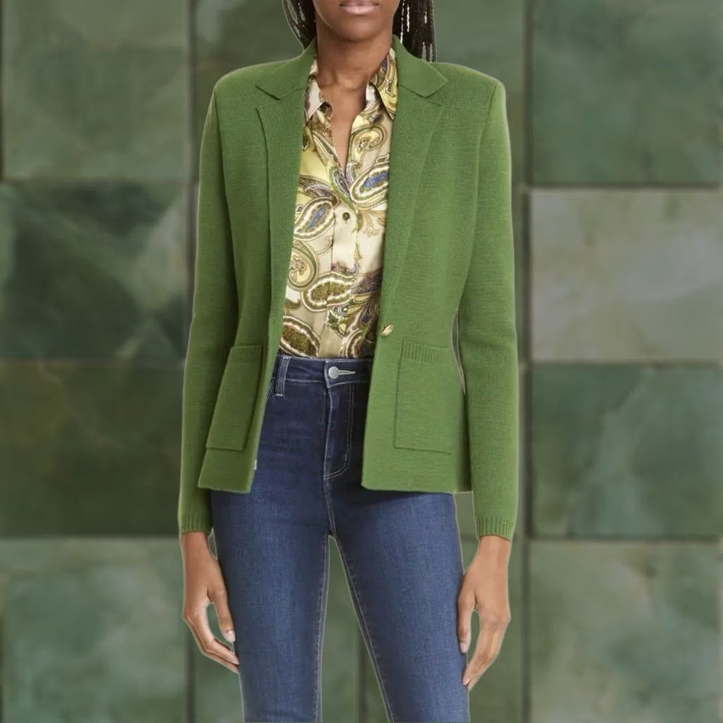 L'AGENCE L’AGENCE Lacey Knit Blazer Sz S/P Kelly Green Single Gold Button 2 Pocket Women Size S / US 4 / IT 40 - 1 Thumbnail