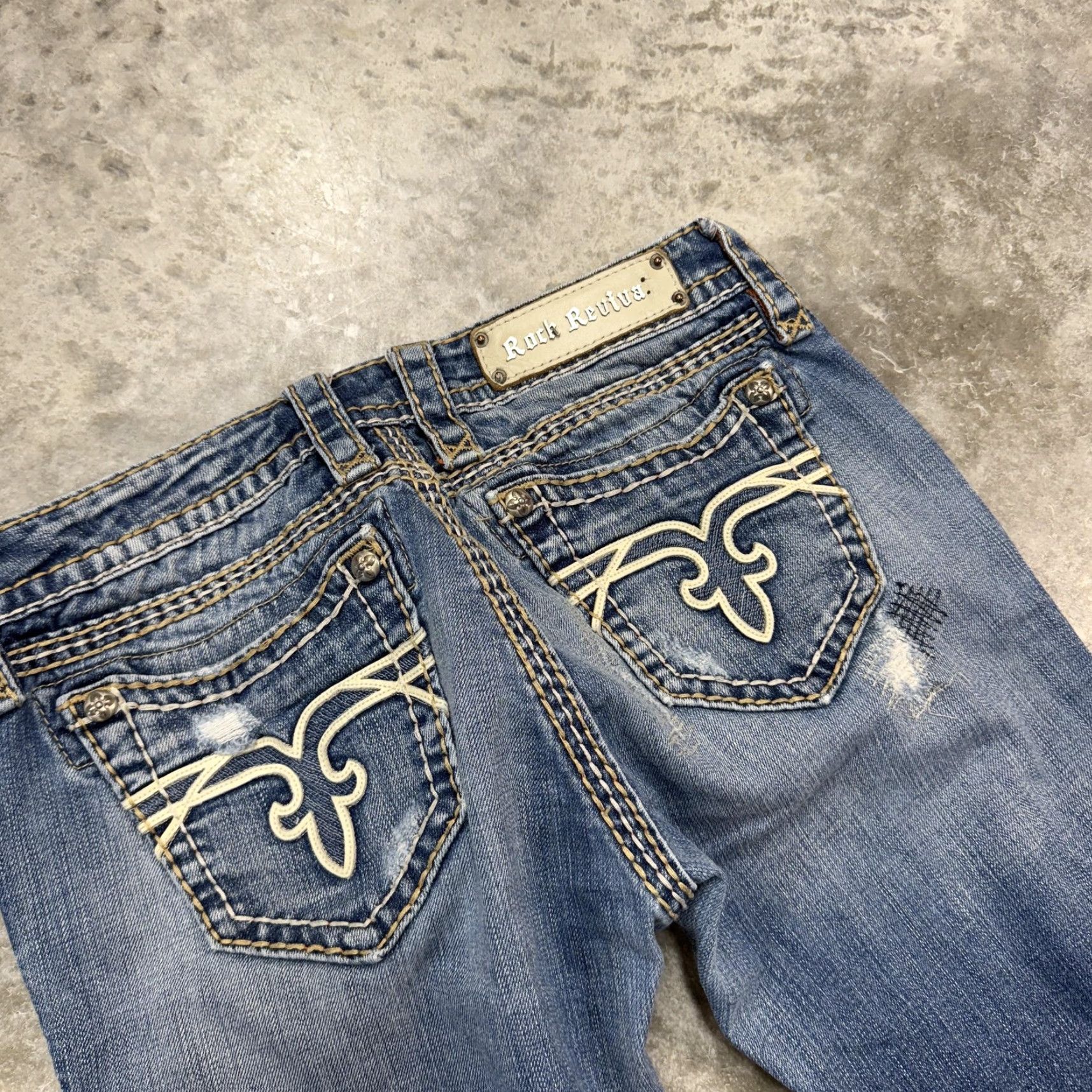 Vintage Rock Revival Jeans Womens Bootcut Blue 28 Distressed Mid Rise Denim Slim Embroidered Logo Pockets Button Inseam 33 Zip Vintage No Size 28" / US 6 / IT 42 - 2 Thumbnail