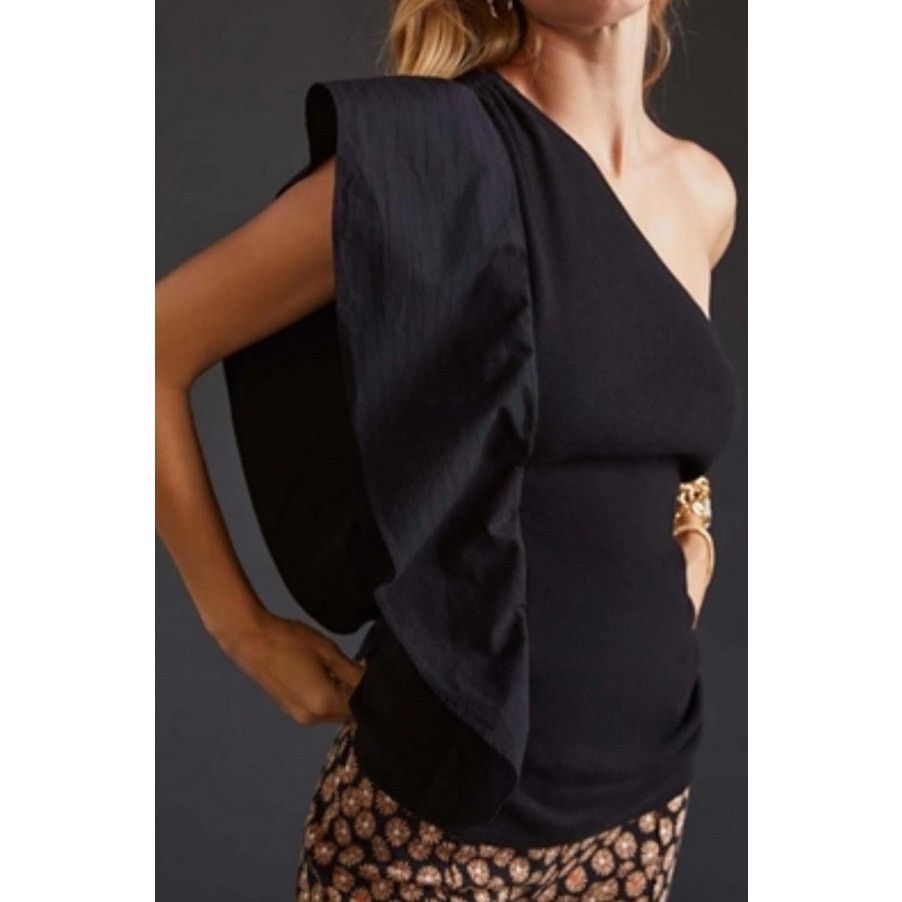 Anthropologie Anthropologie One Shoulder Ruffled Blouse in Black - X Small Size XS / US 0-2 / IT 36-38 - 2 Thumbnail