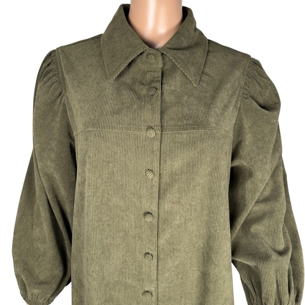 7 For All Mankind 7 For All Mankind Olive Corduroy Puff Sleeve Button Down Sh Size L / US 10 / IT 46 - 2 Thumbnail