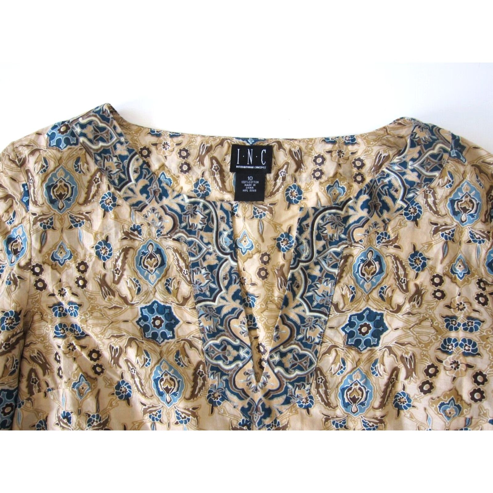 Vintage INC 100% Cotton Gauze Blue Floral Long Flare Sleeve V-Neck Blouse 10 Women Blouse Shirt Size L / US 10 / IT 46 - 3 Thumbnail