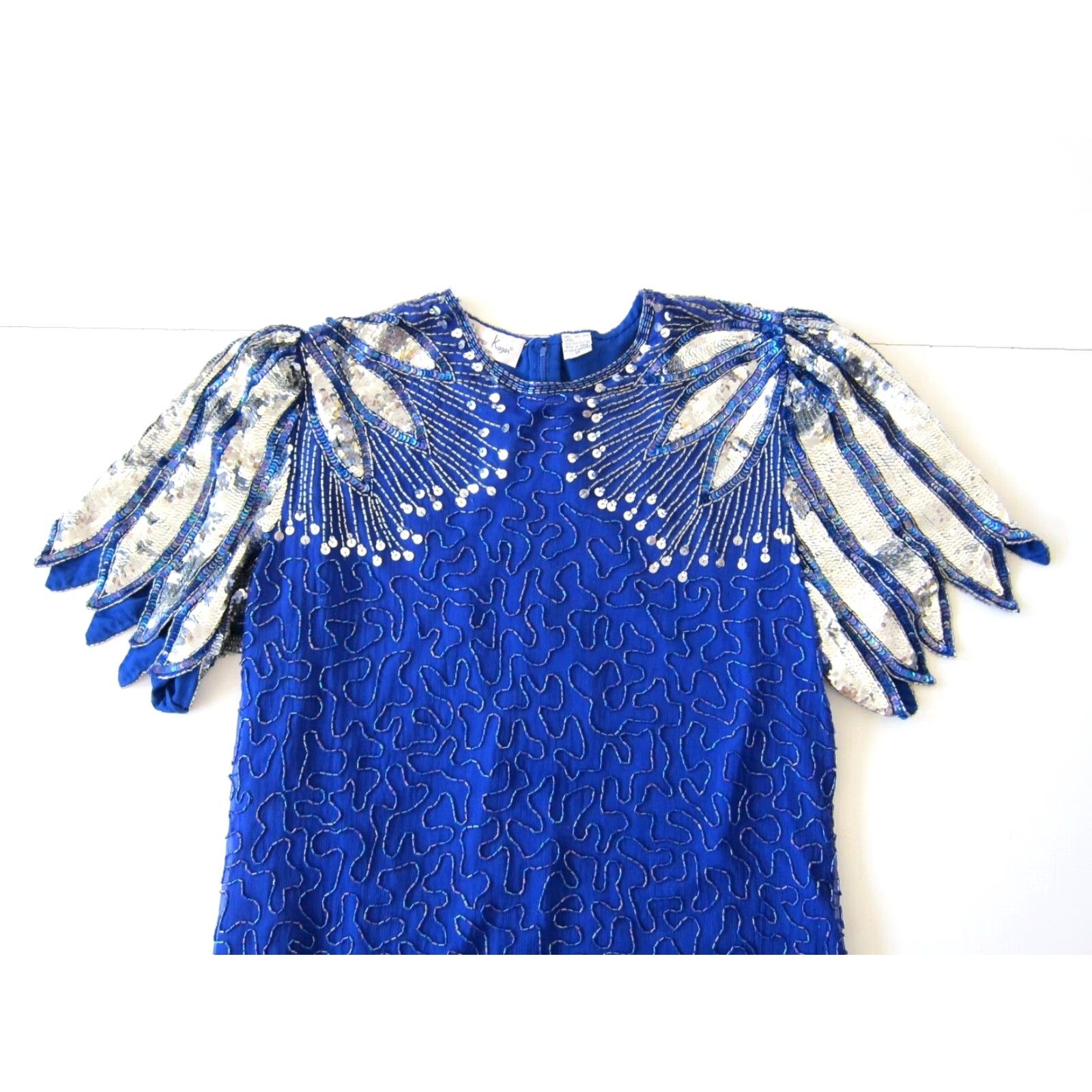 Vintage VINTAGE Laurence Kazar 100% Silk Blue Silver Beaded Sequin Short Sleeve Tunic Dress 1X Size 40" / US 18 - 3 Thumbnail