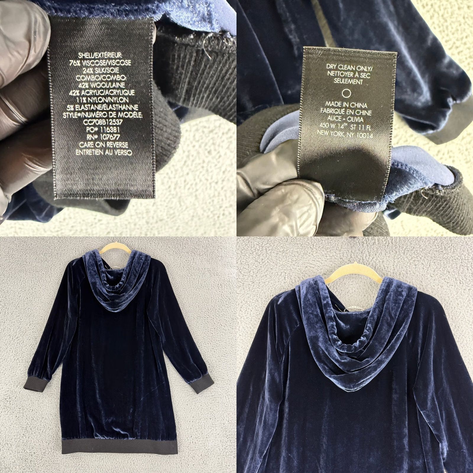 Alice + Olivia Alice + Olivia Hoodie Dress Womens S Navy Blue Velvet Silk Blend CC708B12537 Size S / US 4 / IT 40 - 8 Thumbnail