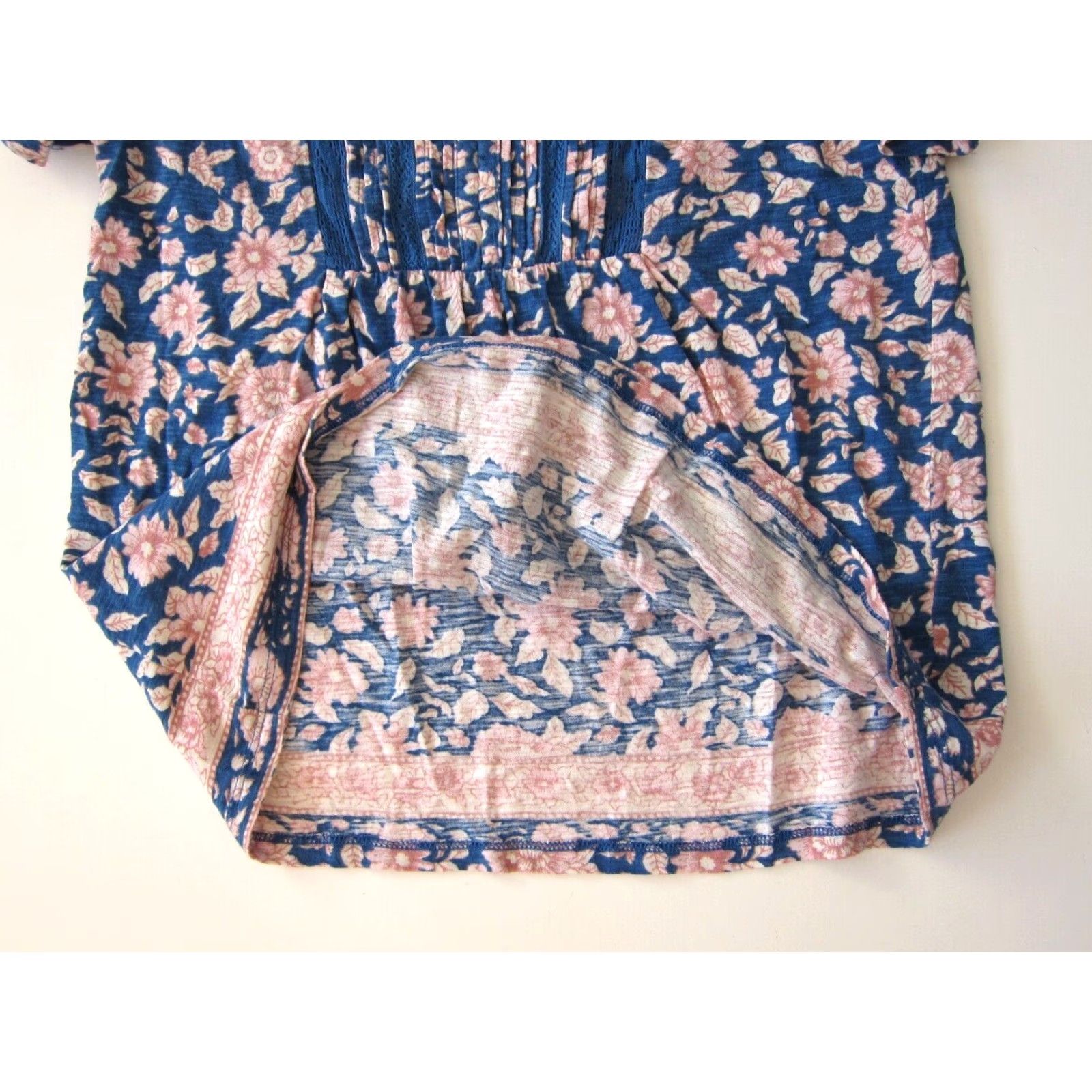 Lucky Brand Lucky Brand Blouse Short Sleeve Cotton Stretch Floral Blue Pink Peasant S/P Size S / US 4 / IT 40 - 6 Thumbnail