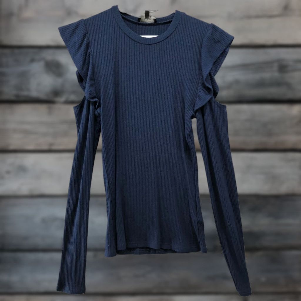 Lucky Brand VINTAGE? No. Lucky Brand Cold Shoulder Long Sleeve T Shirt Womens XS Blue Ruffle Ribbed Size XS / US 0-2 / IT 36-38 - 1 Thumbnail