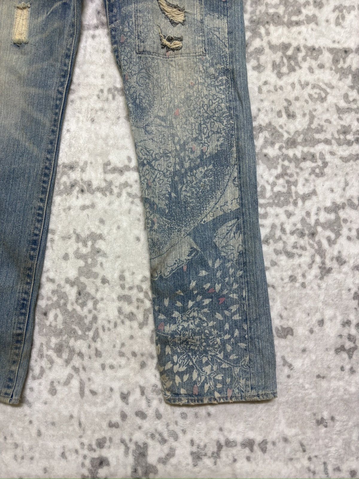 Hysteric Glamour Karakuri Tamashii Blue White Acid Wash Distressed Denim Size US 33 - 6 Thumbnail