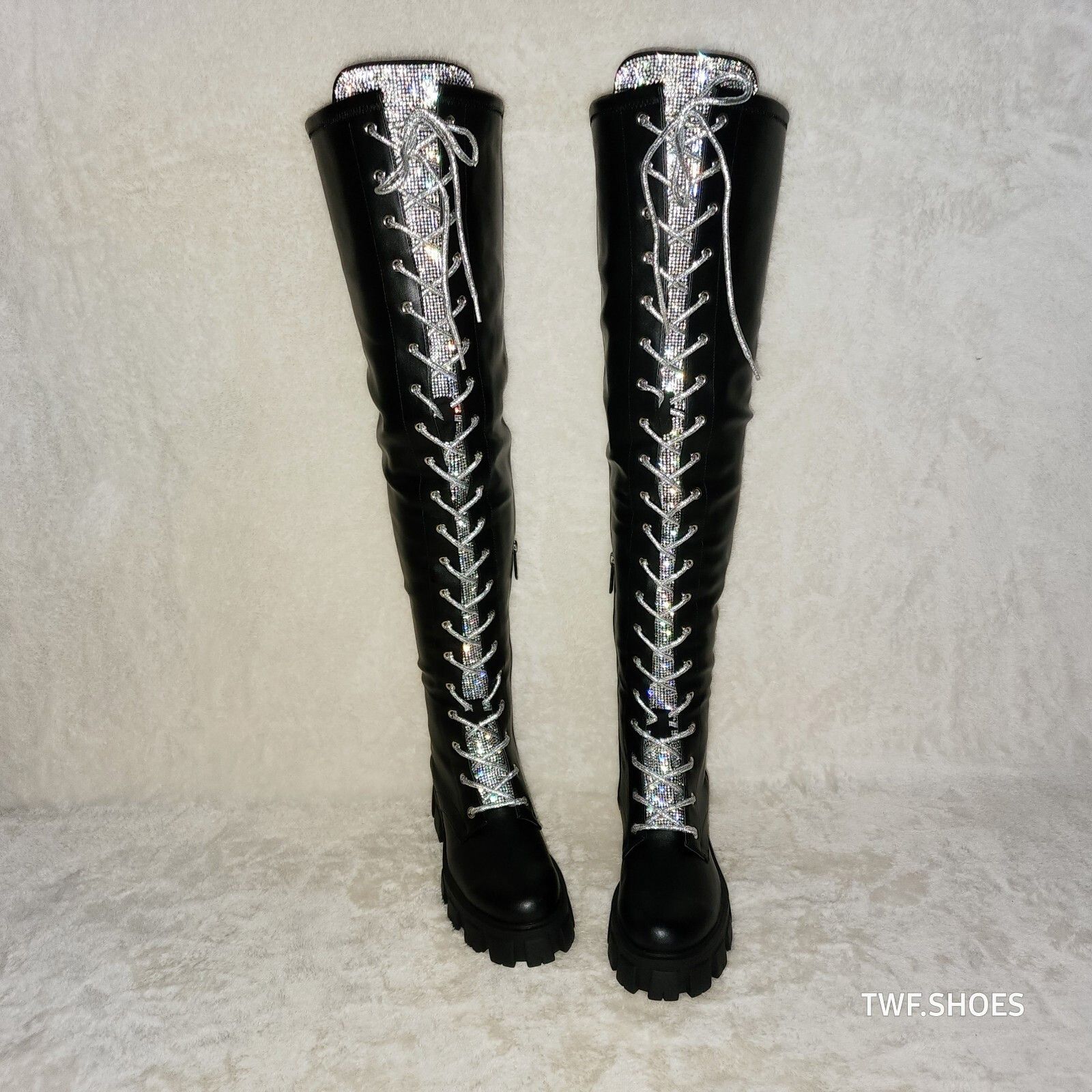 Other Roscoe Black Combat Thigh High Boots Iridescent Rhinestone T Size US 7 / IT 37 - 5 Thumbnail