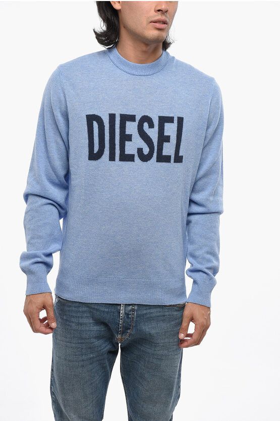 Cashmere Blend Crew Neck Sweater with Jacquard Logo