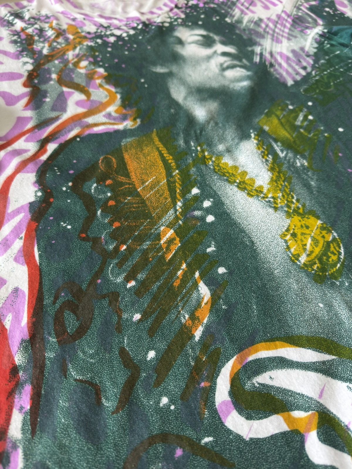 Band Tees × Vintage 90s Jimi Hendrix AOP All Over Print VTG Rock Tee Hanes Shirt Size US L / EU 52-54 / 3 - 7 Thumbnail