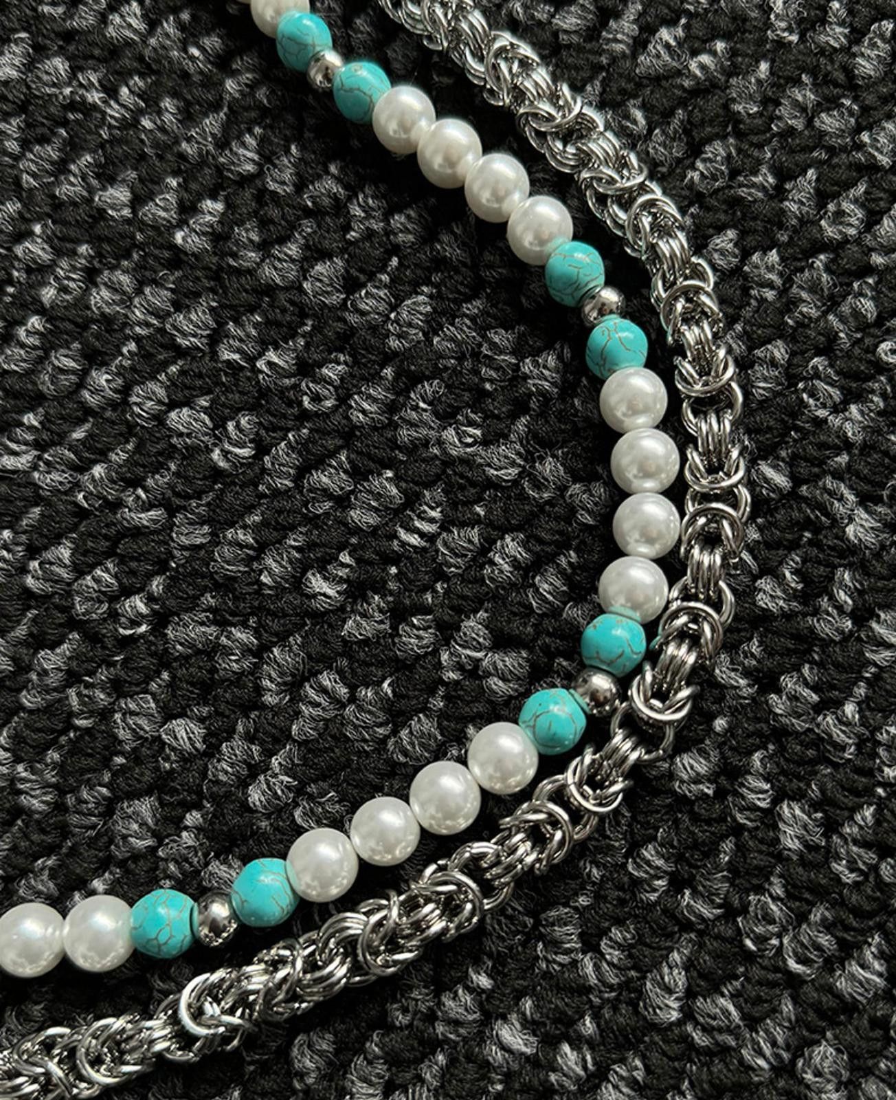 Japanese Brand Stylish Pearl and Chain Belt with Turquoise Accents Size ONE SIZE - 5 Thumbnail