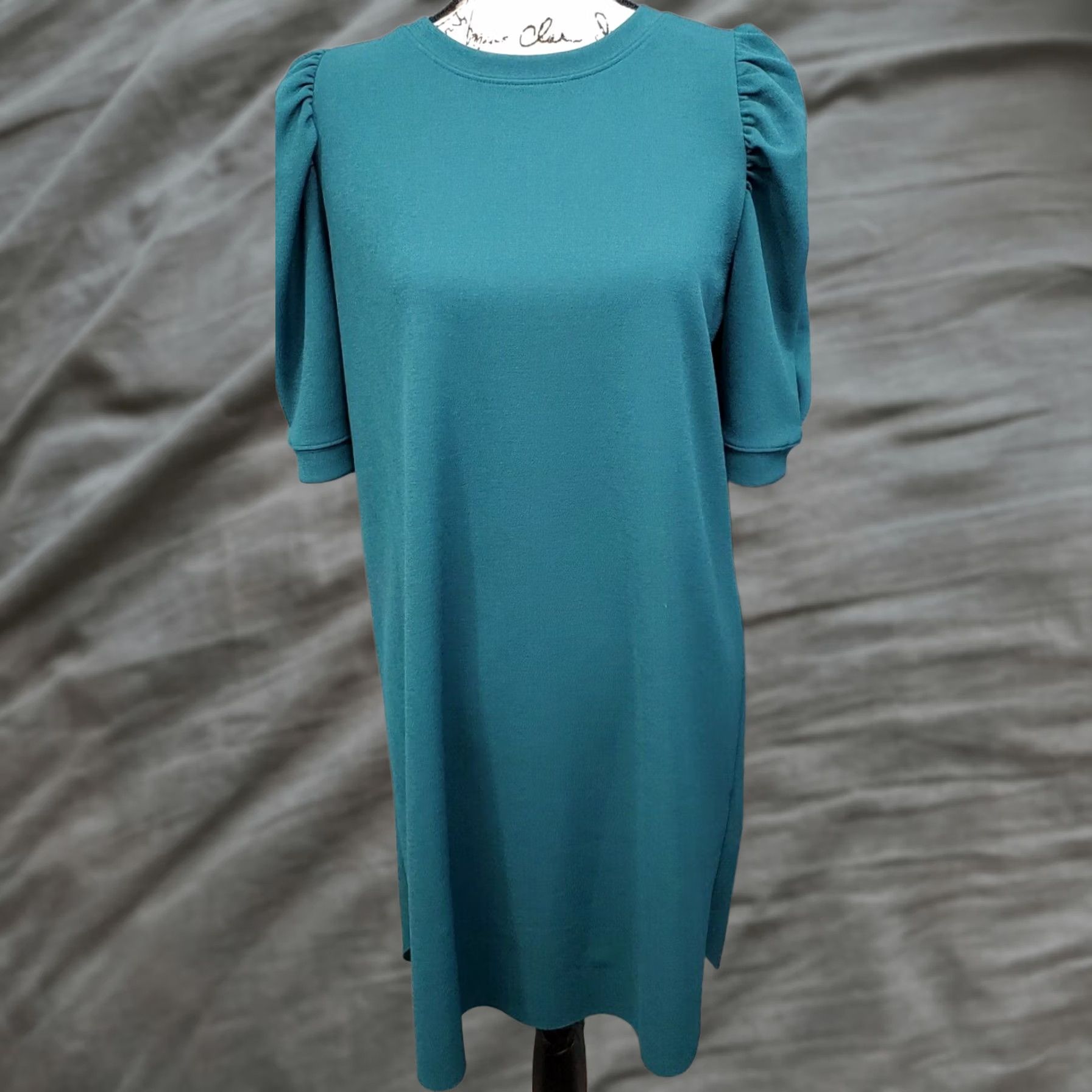 Zara Zara Womens Teal Solid Sheath Dress Size M Puff Sleeve Round Neck Pullover Midi Casual Size M / US 6-8 / IT 42-44 - 1 Thumbnail