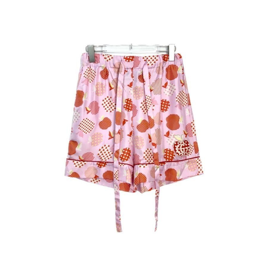 Gucci Gucci Pink Apple Print Silk Shorts W/ Embroidered Logo & Dra Size 40" / US 18 - 1 Thumbnail