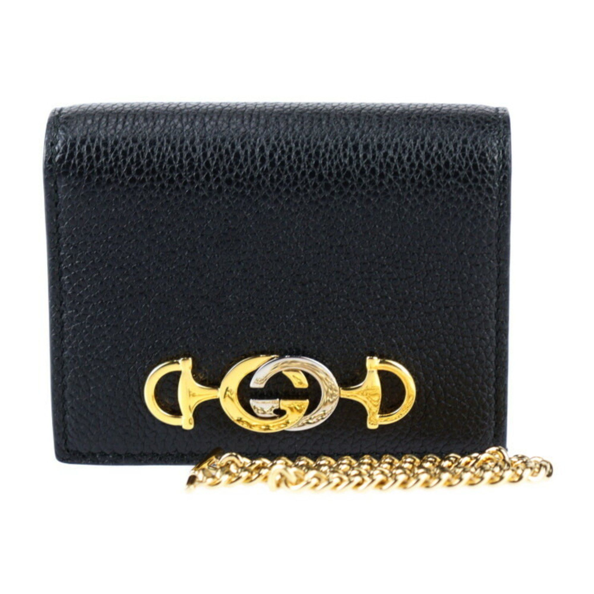 image of Gucci Zumi Chain Wallet Bi-Fold 570660 Leather Black Horsebit Compact, Women's