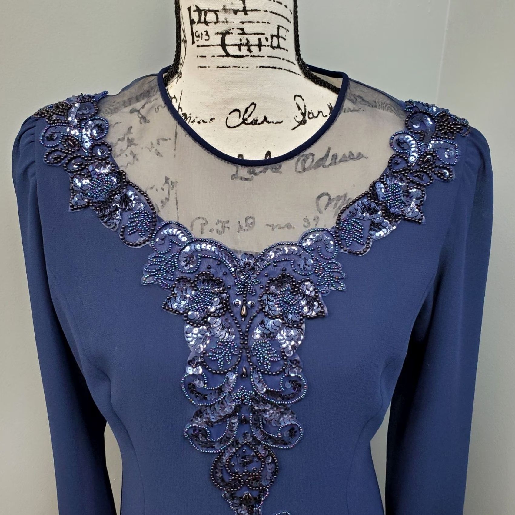 Vintage Ursula Dress Womens 6P Navy Beaded Embellished Shoulder Pads Back Zip Midi Dress Size M / US 6-8 / IT 42-44 - 3 Thumbnail