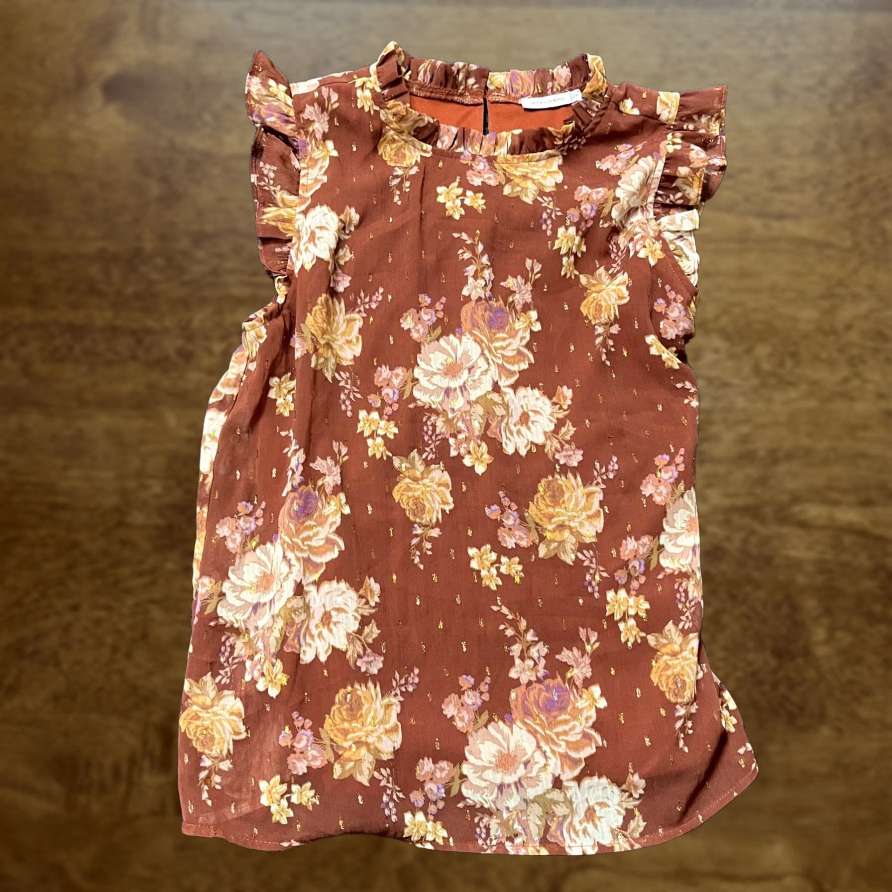 Vintage Staccato Shirt Womens Small Brown Floral Ruffle Sleeveless Top Blouse Boho Size S / US 4 / IT 40 - 1 Thumbnail