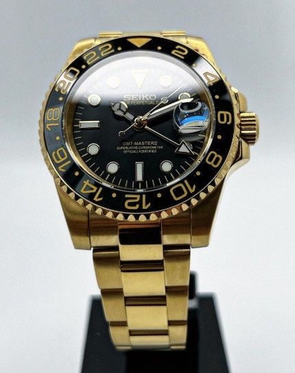 Japanese Brand Seiko Mod GMT-Master 2 Black Dial Oyster Bracelet Gold Watch Size ONE SIZE - 1 Thumbnail