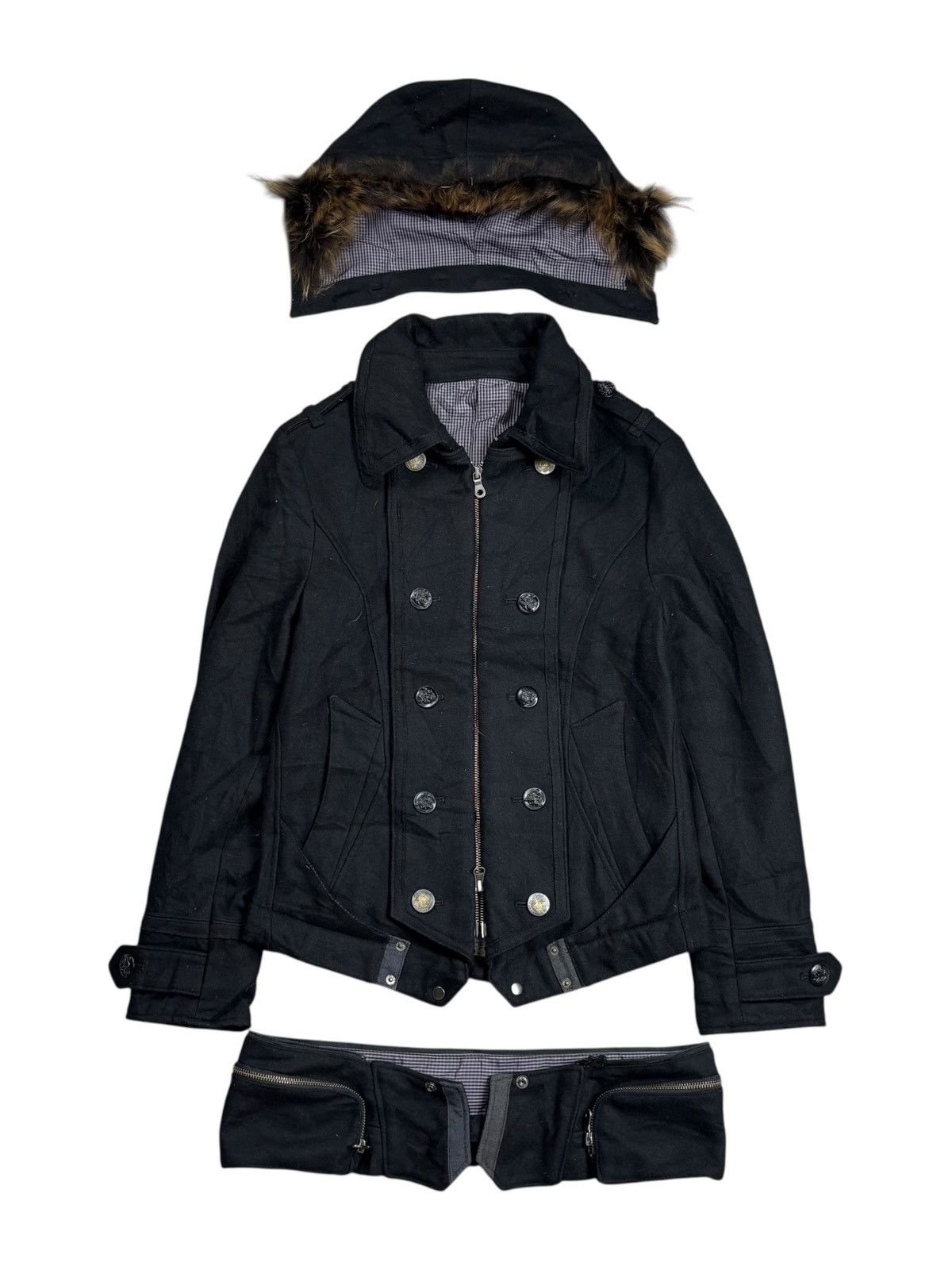 14th Addiction 2000s PPFM - Fur Hoodie Waist Pocket Napoleon Jacket Size US S / EU 44-46 / 1 - 1 Thumbnail