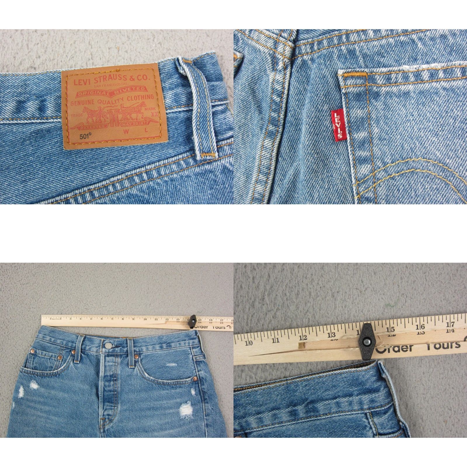 Levi's Levis 501 Jean Shorts Womens 28 Blue Denim Distressed Button Fly Big E Cut Off Casual 5-Pocket 70s 80s 90s Mens Womens Boys Girls Size 28" / US 6 / IT 42 - 8 Thumbnail