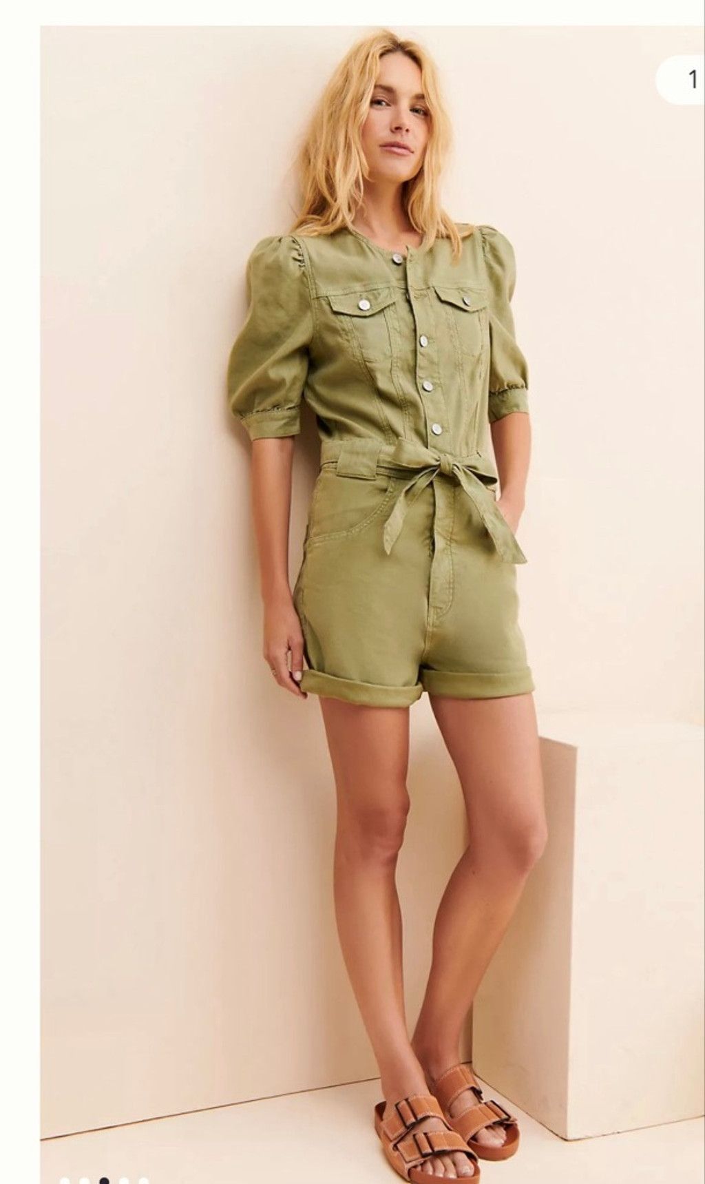 Hudson Women's Hudson Green Puff Sleeve Utility Romper M Size 33" - 1 Thumbnail