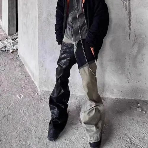 image of Vintage Stacked Washed Patchwork Coated Jeans in Double Color Matching, Men's (Size 32)