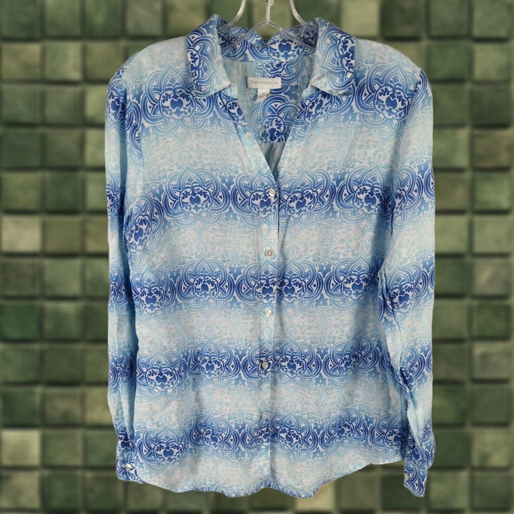 Charter Club Charter Club Shirt Women's Medium Linen Long Sleeve Blue Ombre V-Neck Button-Up Shirt Size M / US 6-8 / IT 42-44 - 1 Thumbnail