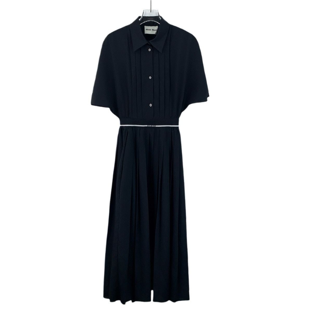 Miu Miu MiuMiu Black Logo Lapel Short Sleeve Pleated Dress K26WX Size S / US 4 / IT 40 - 1 Thumbnail