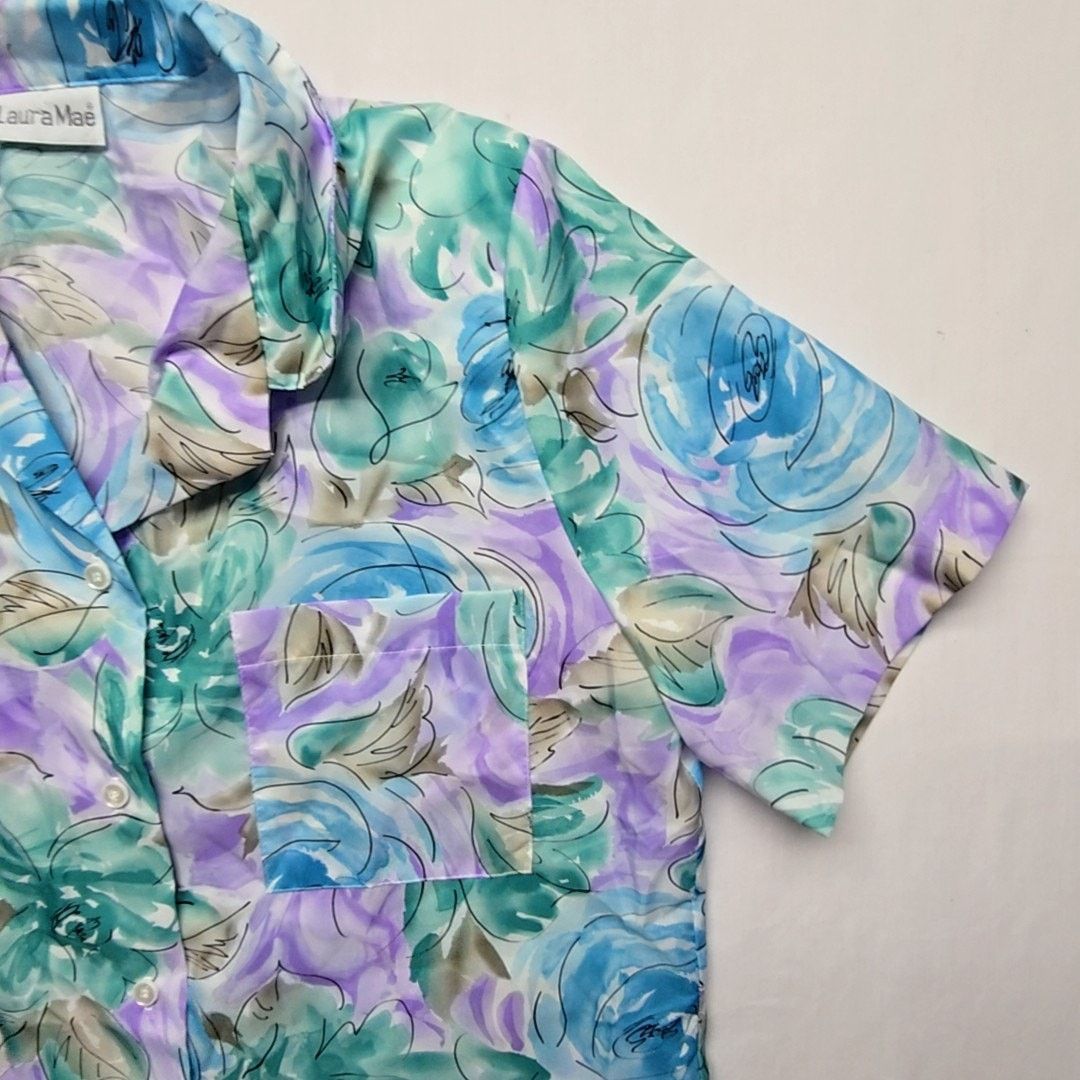 Vintage Vintage Laura Mae Floral Blue Short Sleeve Womens XL Shirt Size XL / US 12-14 / IT 48-50 - 4 Thumbnail