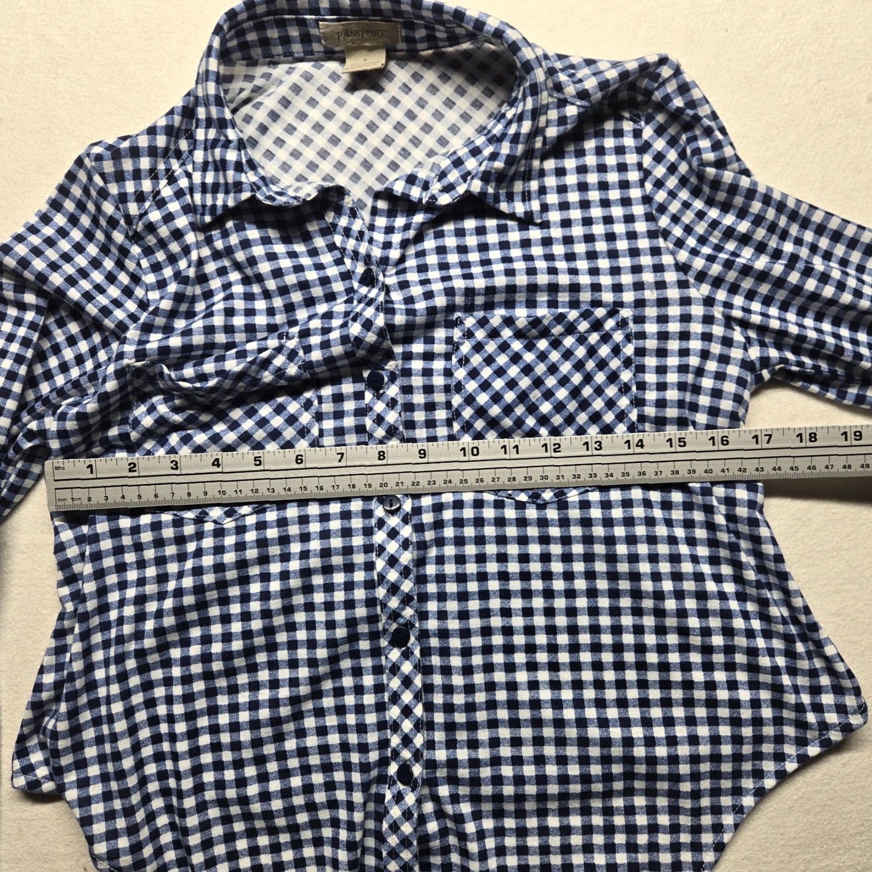 Vintage Passport Shirt Large Women Blue Check Shirt with Pockets Button Front Tie Front Casual Short Sleeve Size L / US 10 / IT 46 - 6 Thumbnail