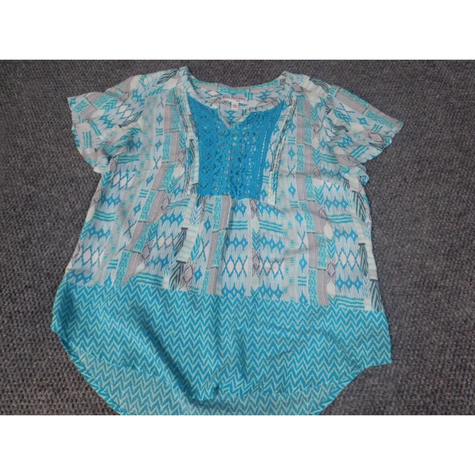 Vintage Kim Rogers Womens Blouse PM Petites Blue Cap Sleeve Crew Neck Pullover Floral Button Casual Size M / US 6-8 / IT 42-44 - 5 Thumbnail