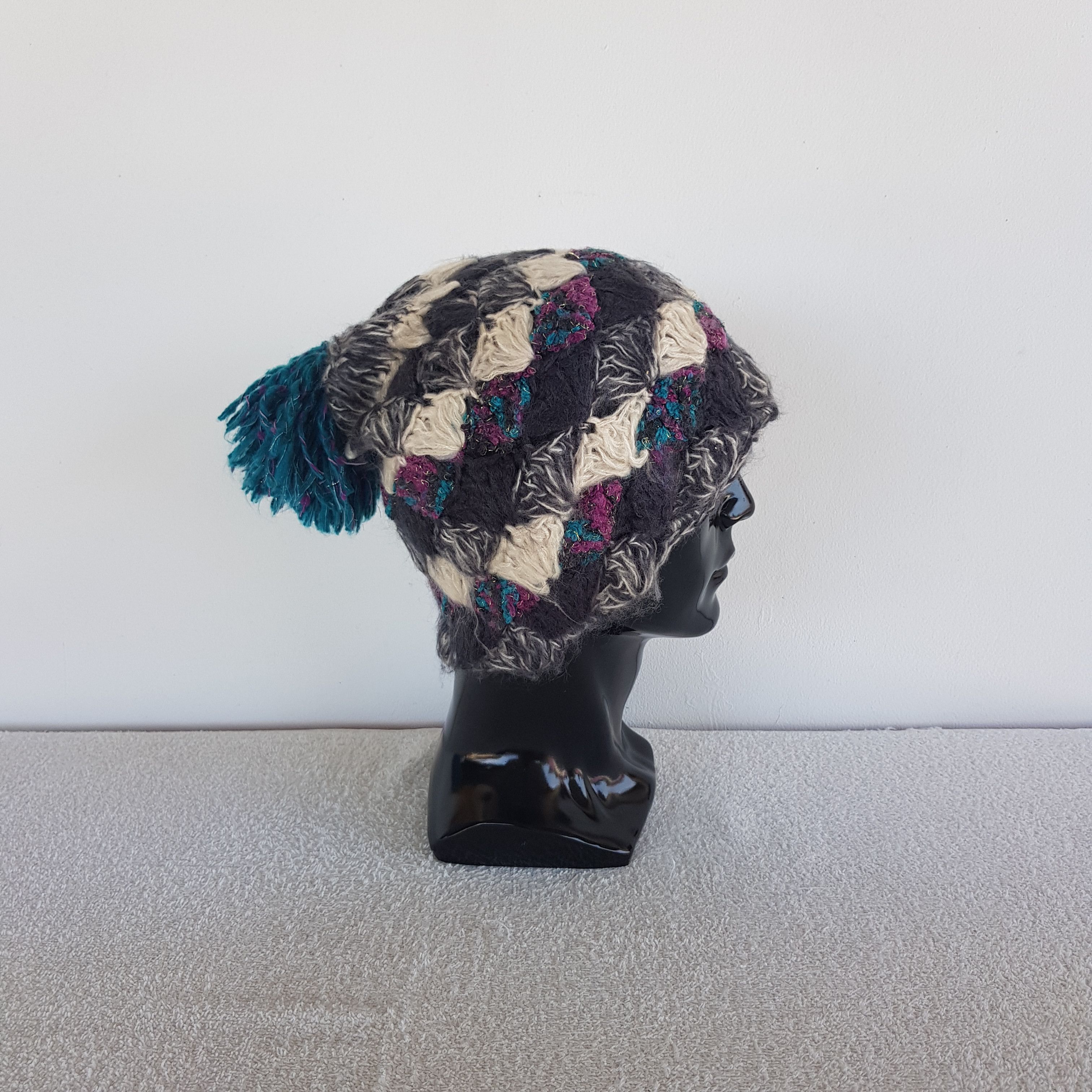 Homespun Knitwear Vintage Roxy Beanie Boho Patchwork Pom Pom Snow Caps Hats. Size ONE SIZE - 3 Thumbnail