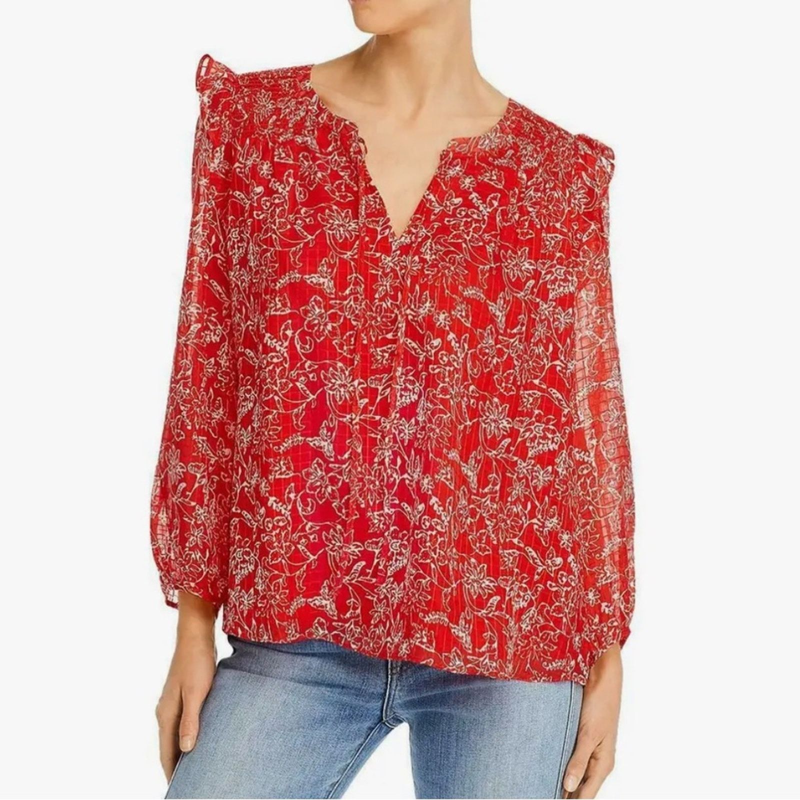 Parker Parker Ruffle Shoulder Top Red Aurora, EUC, Medium MSRP $318 Size M / US 6-8 / IT 42-44 - 1 Thumbnail