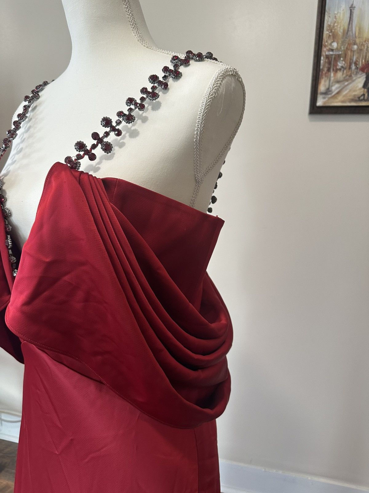 Other Ozgur Masur Elegant Red Plunge Dress with Embellished Straps Size L / US 10 / IT 46 - 6 Thumbnail