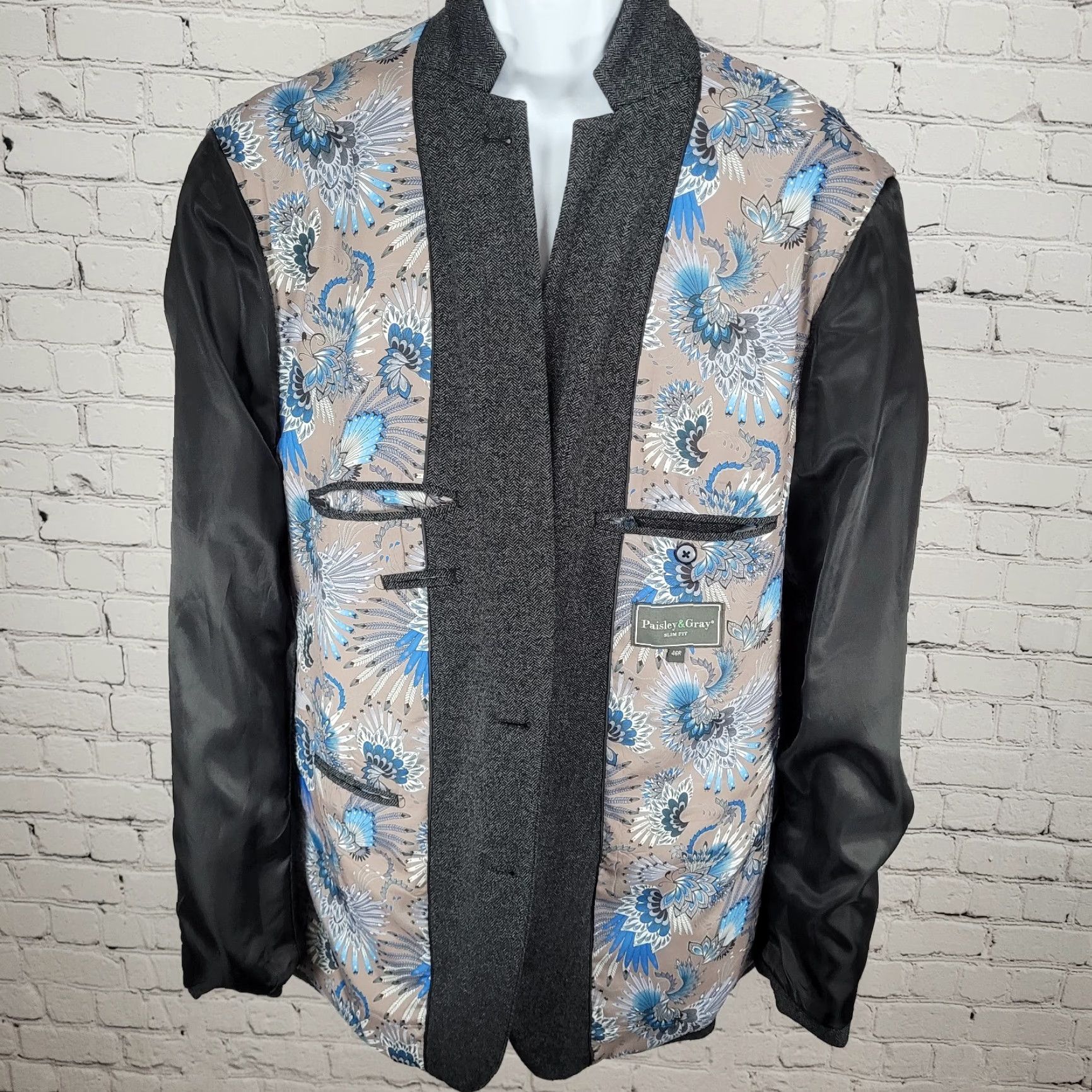 Vintage Paisley & Gray Herringbone Slim Fit Stretch Double Vented Sport Coat Size 46R Size US S / EU 44-46 / 1 - 5 Thumbnail