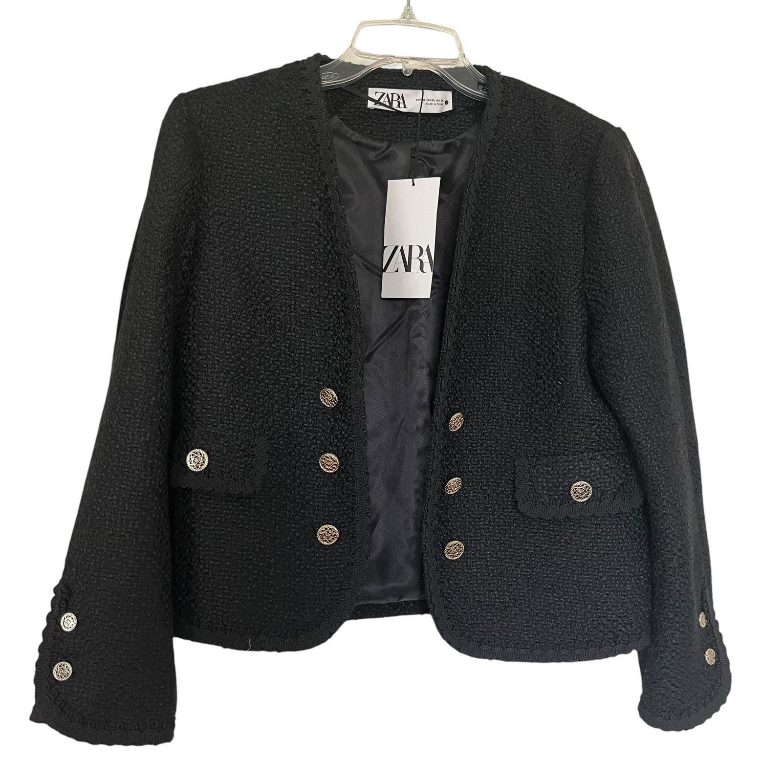 Zara Zara Black Tweed Double Breasted Open Blazer Jacket Size XS / US 0-2 / IT 36-38 - 3 Thumbnail