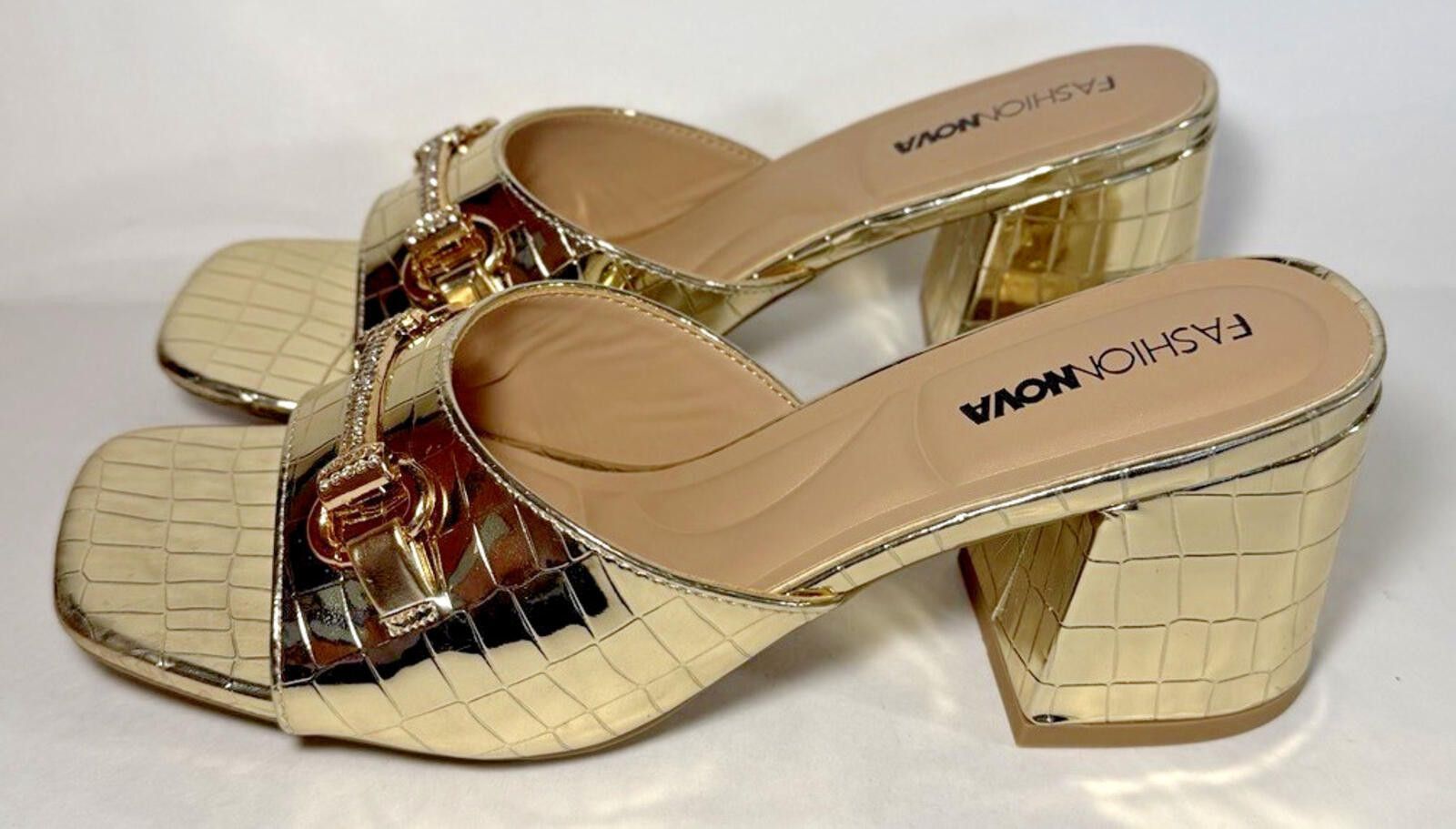 Fashion Nova FASHION NOVA Xylia Hardware Croc Mules Block Heel Gold Size US 8 / IT 38 - 1 Thumbnail