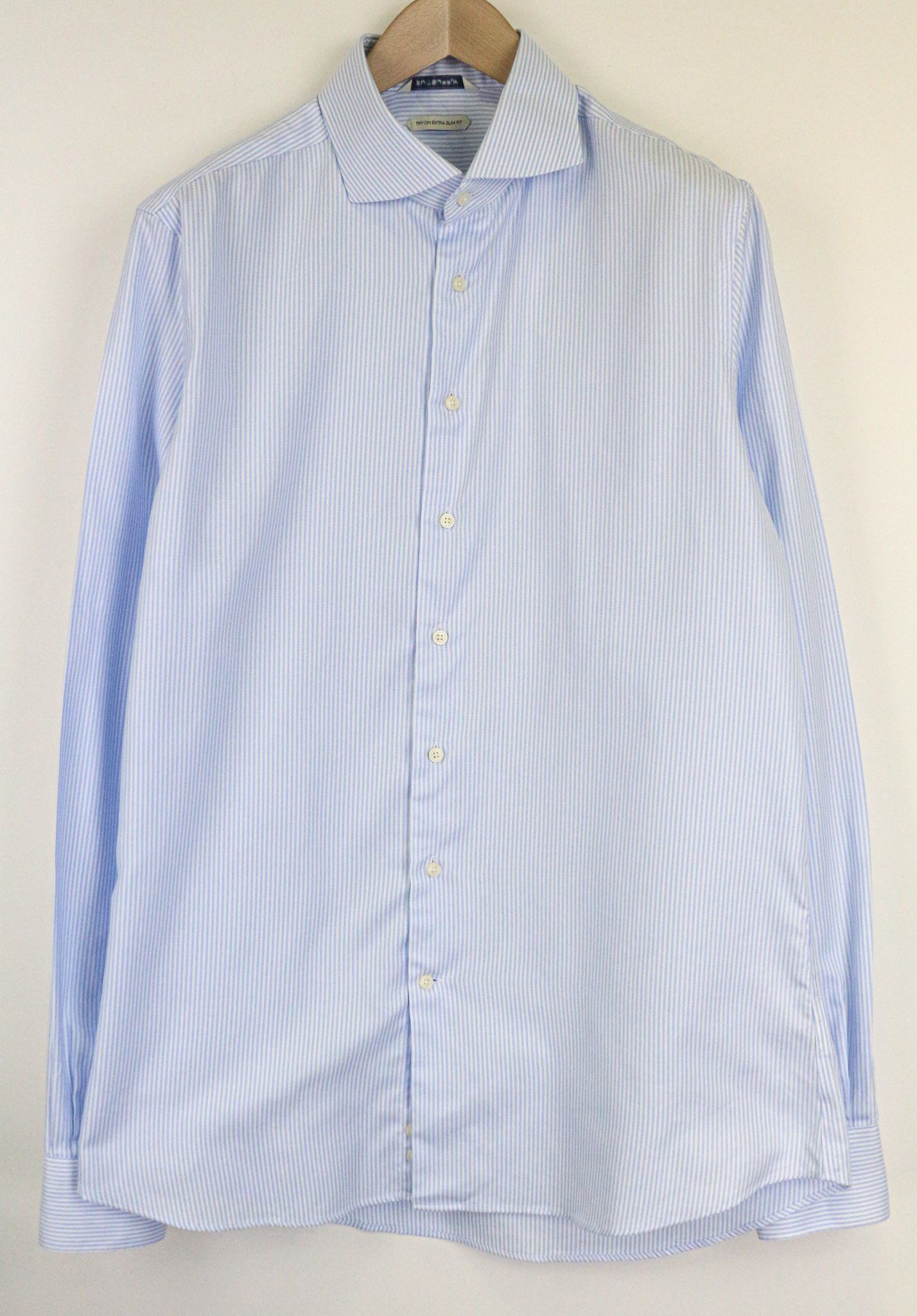 Suitsupply 44L/17 1/2L Extra Slim Blue Cotton Stripe Shirt 75661 Size US L / EU 52-54 / 3 - 1 Thumbnail