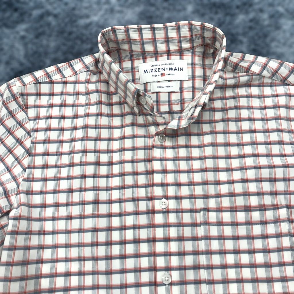 Mizzen+Main Mizzen+Main Shirt Mens M White Pink Check Performance Stretch Slim Fit Button-Up Casual Short Sleeve Button-Front Collared Size US M / EU 48-50 / 2 - 1 Thumbnail