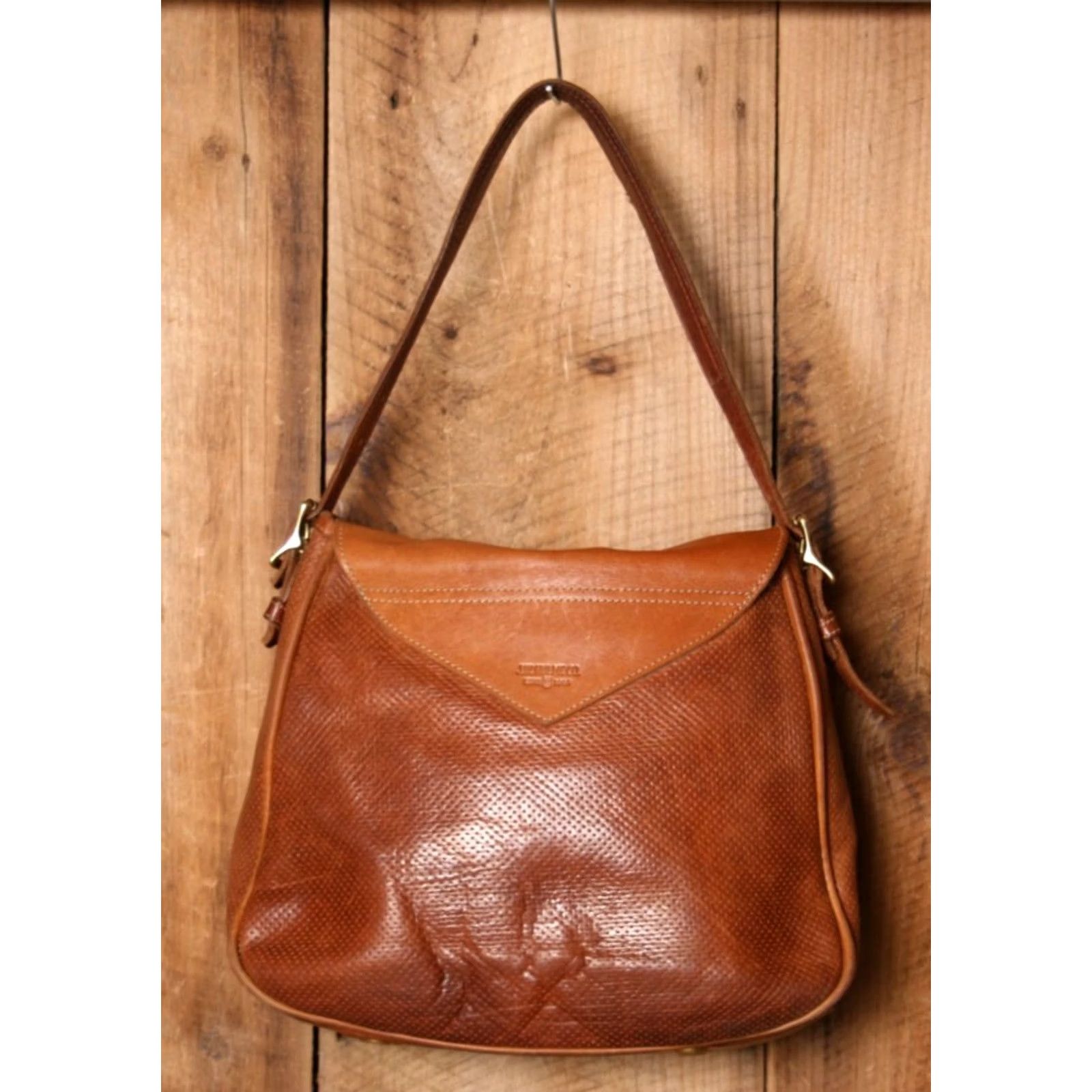 Vintage VINTAGE J.W. HULME CO. Perforated Tan Leather Satchel Shoulder Bag Purse Leather Tote Women Medium Tan Bag Purse Satchel Shoe Bag Womens Size ONE SIZE - 5 Thumbnail