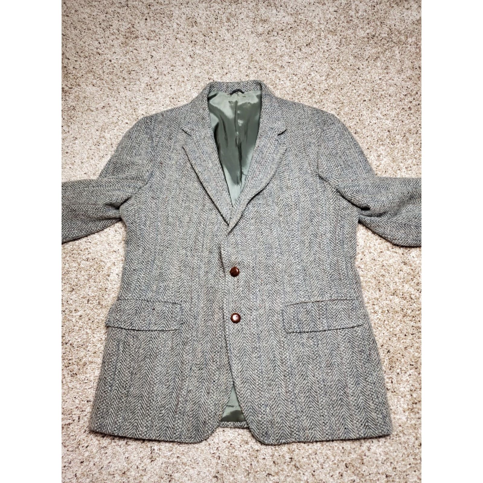Levi's VINTAGE Levi's Strauss Blazer Jacket 40 Reg Wool Tweed Herringbone 80s Mens Notch Lapel Two-Button Single-Breasted Grey Size 40R - 4 Thumbnail