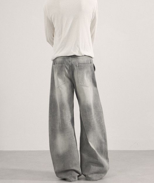 Japanese Brand Men's Retro Tie-Dye Gray Loose Wide-Leg Curved Jeans Size US 32 / EU 48 - 4 Thumbnail
