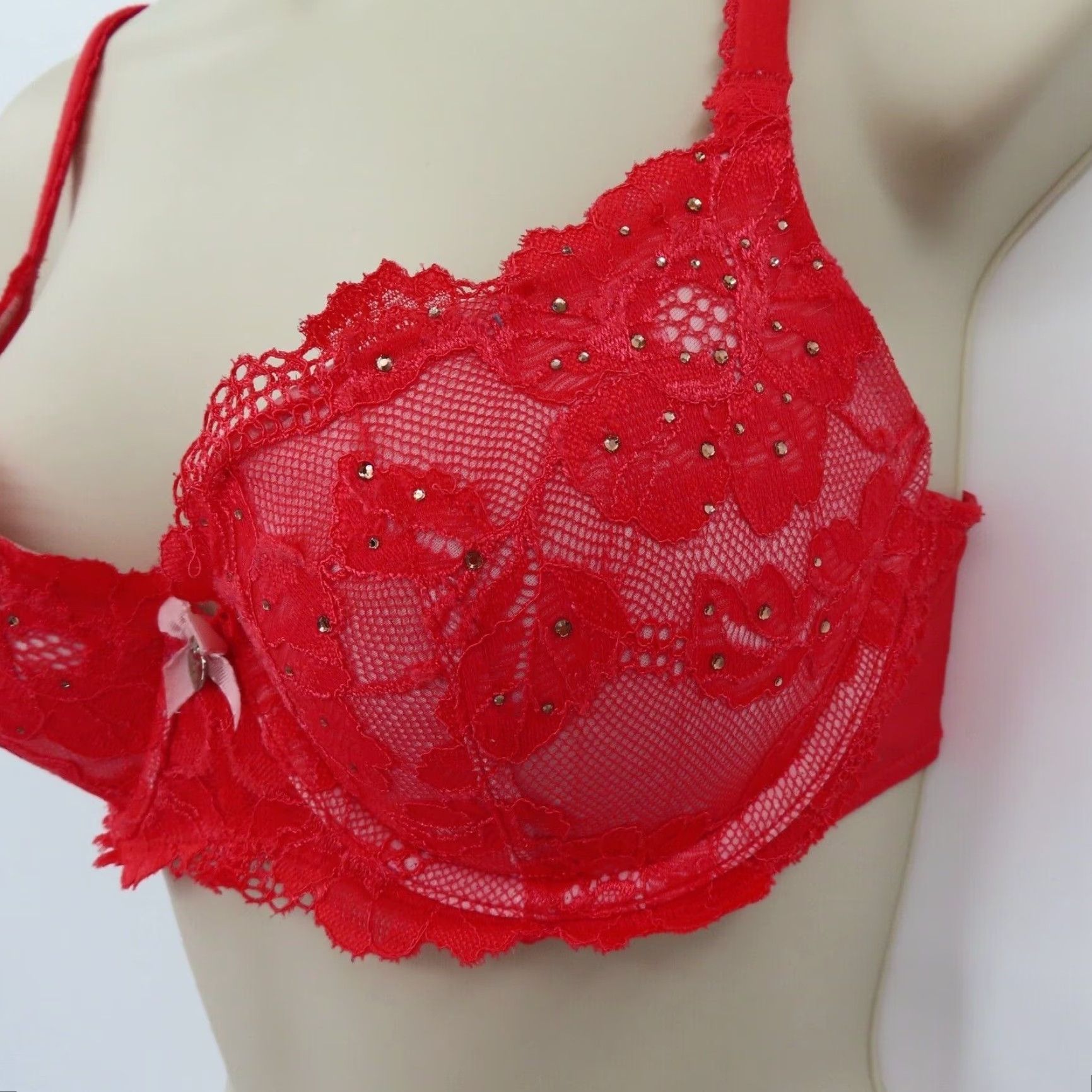 Victoria's Secret Victoria's Secret Body by Victoria Lined Demi Bra 32D Red Lace Rhinestone Bow Underwired Night/Noir? (Note: only original words) Size ONE SIZE - 4 Thumbnail