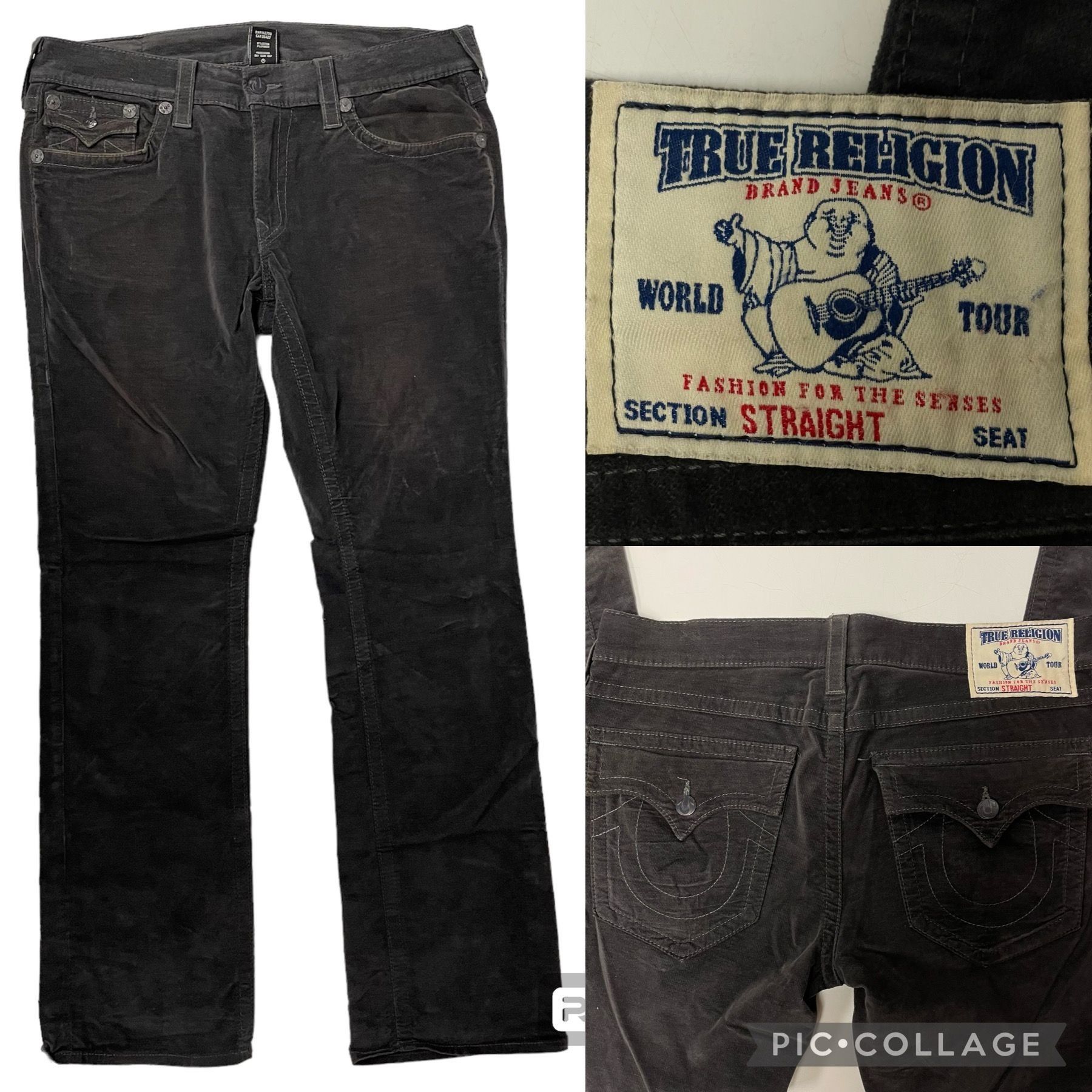 image of 90's True Religion Straight Charcoal Black Velvet Logo Pants, Men's (Size 36)